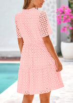 PRETTYGARDEN Women's Short Sleeve Mini Dress Summer V Neck Hollow Out Eyelet Ruffle A Line Swing Short Dresses