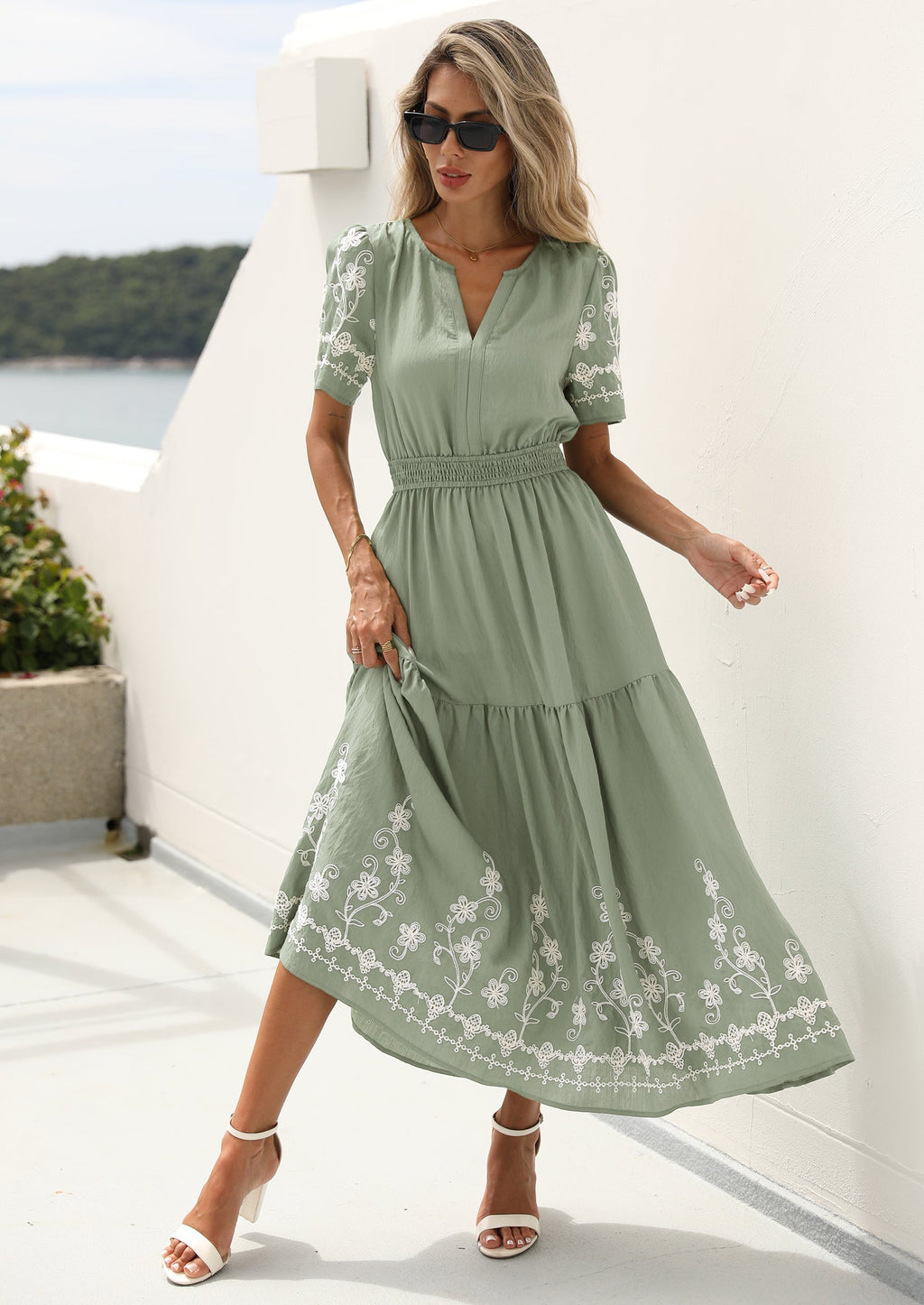 PRETTYGARDEN Women's Summer Boho Maxi Dress Spring Floral Short Sleeve V Neck A Line Flowy Beach Wedding Guest Dresses