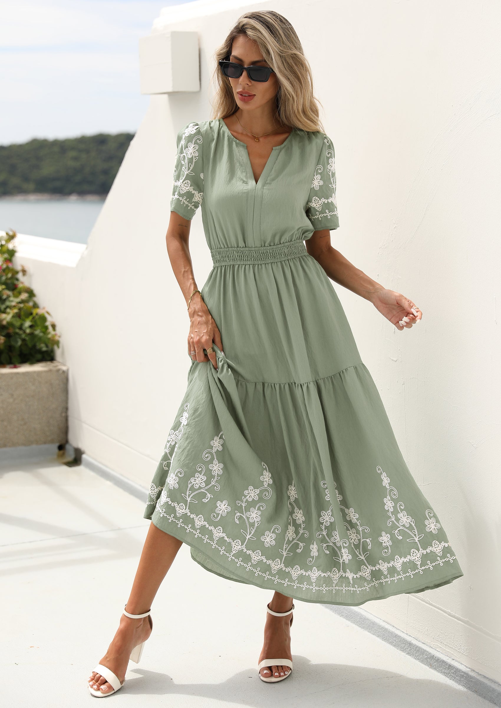 PRETTYGARDEN Women's Summer Boho Maxi Dress Spring Floral Short Sleeve V Neck A Line Flowy Beach Wedding Guest Dresses