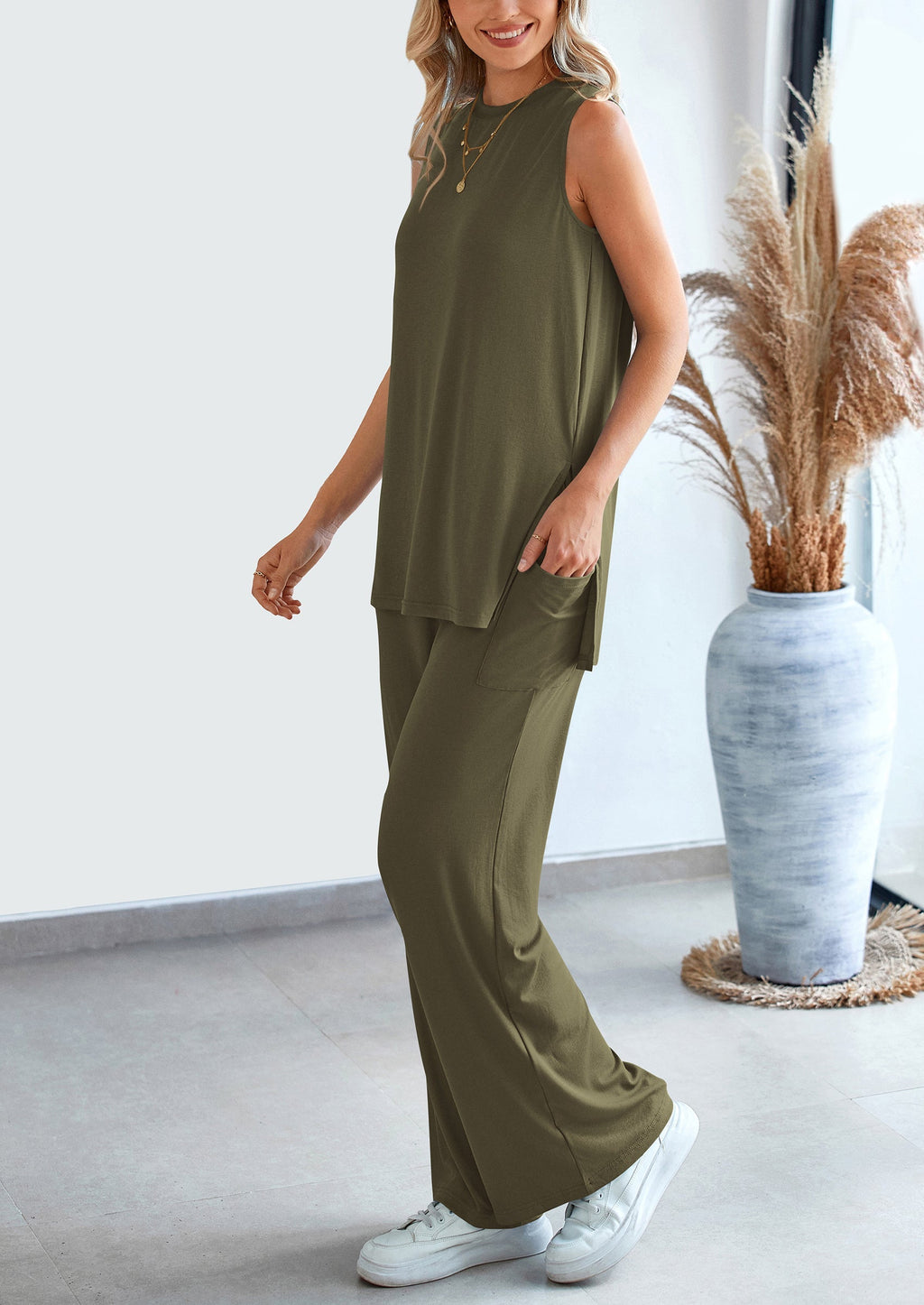 PRETTYGARDEN 2 Piece Set Loose Tank Top Wide Leg Pants Casual Matching Outfits Tracksuit