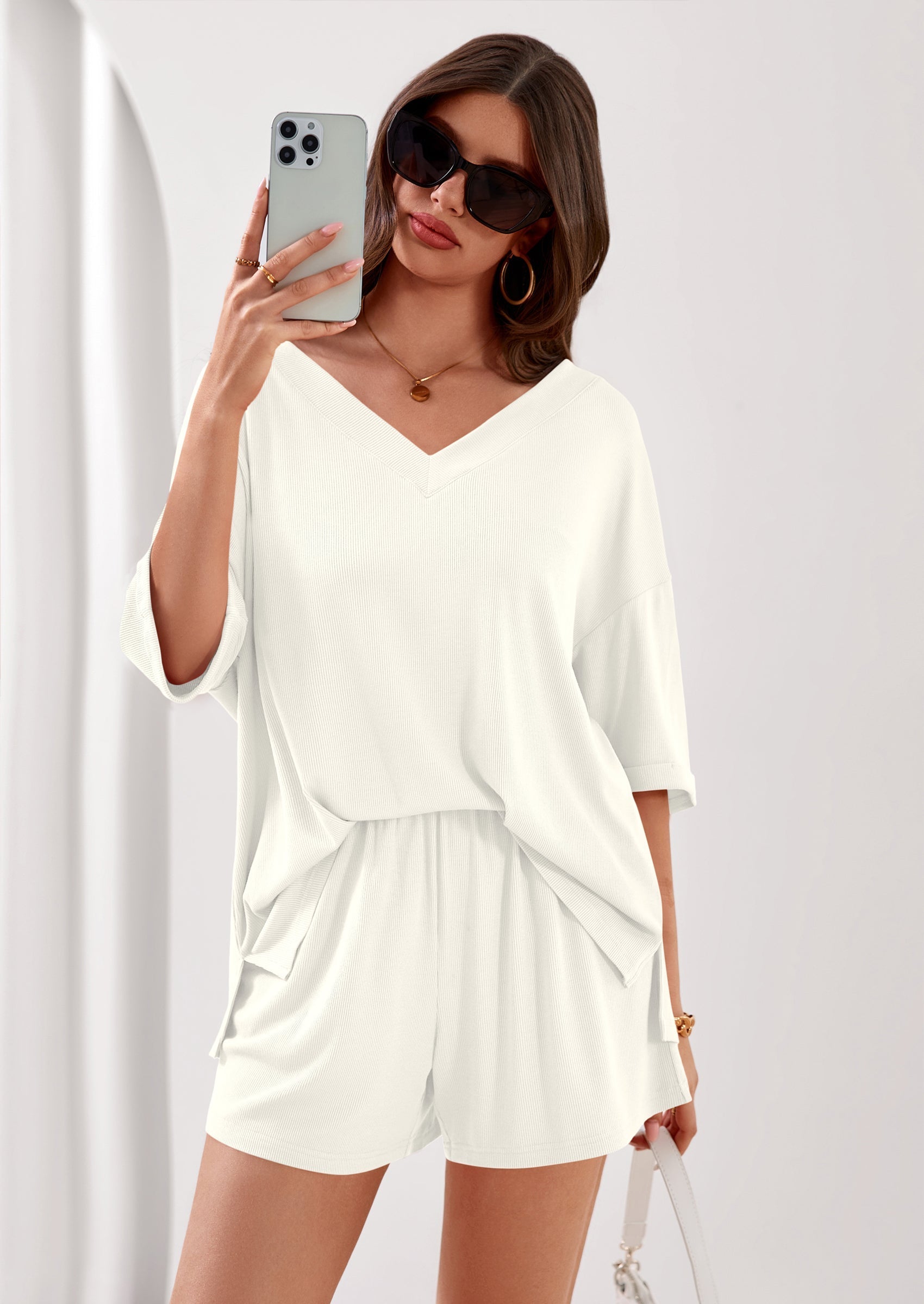 PRETTYGARDEN Womens 2 Piece Sets Oversized Vneck Half Sleeve Tops Shorts Lounge Set Casual Summer Travel Beach Outfits