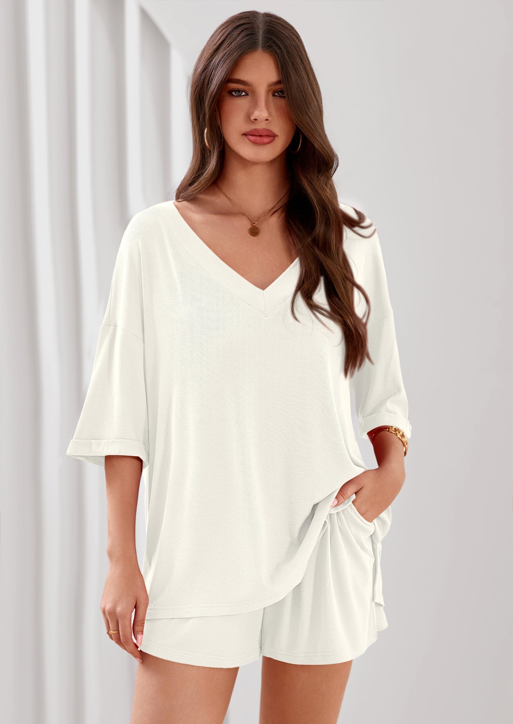 PRETTYGARDEN Womens 2 Piece Sets Oversized Vneck Half Sleeve Tops Shorts Lounge Set Casual Summer Travel Beach Outfits
