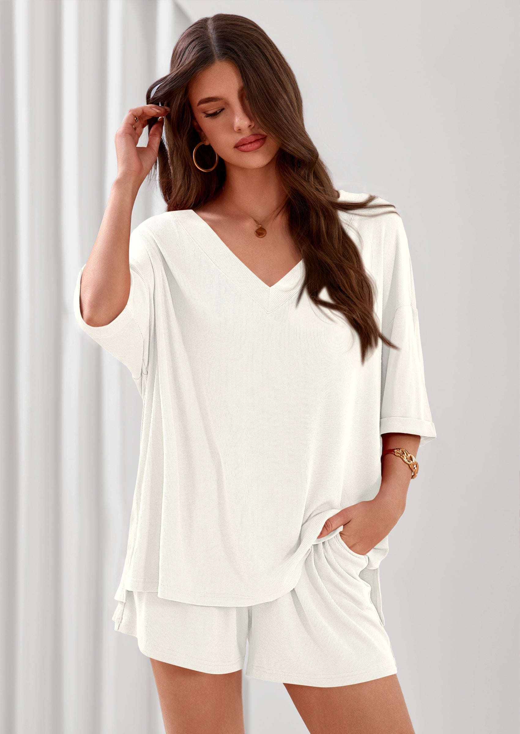 PRETTYGARDEN Womens 2 Piece Sets Oversized Vneck Half Sleeve Tops Shorts Lounge Set Casual Summer Travel Beach Outfits