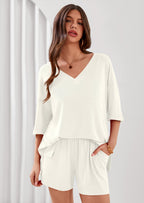 PRETTYGARDEN Womens 2 Piece Sets Oversized Vneck Half Sleeve Tops Shorts Lounge Set Casual Summer Travel Beach Outfits