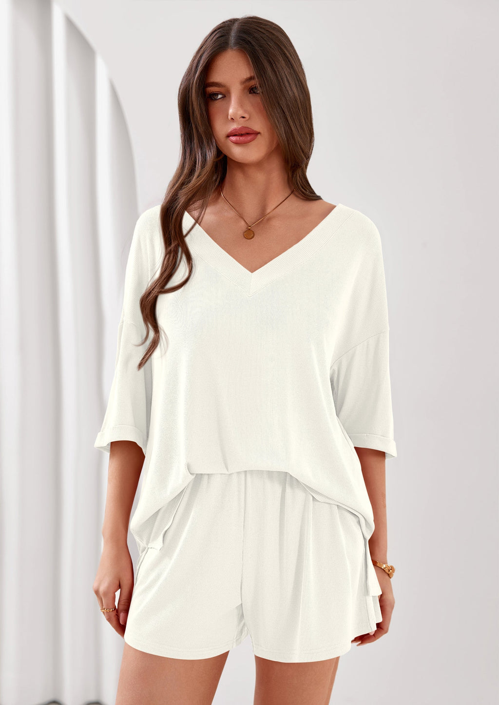 PRETTYGARDEN Womens 2 Piece Sets Oversized Vneck Half Sleeve Tops Shorts Lounge Set Casual Summer Travel Beach Outfits