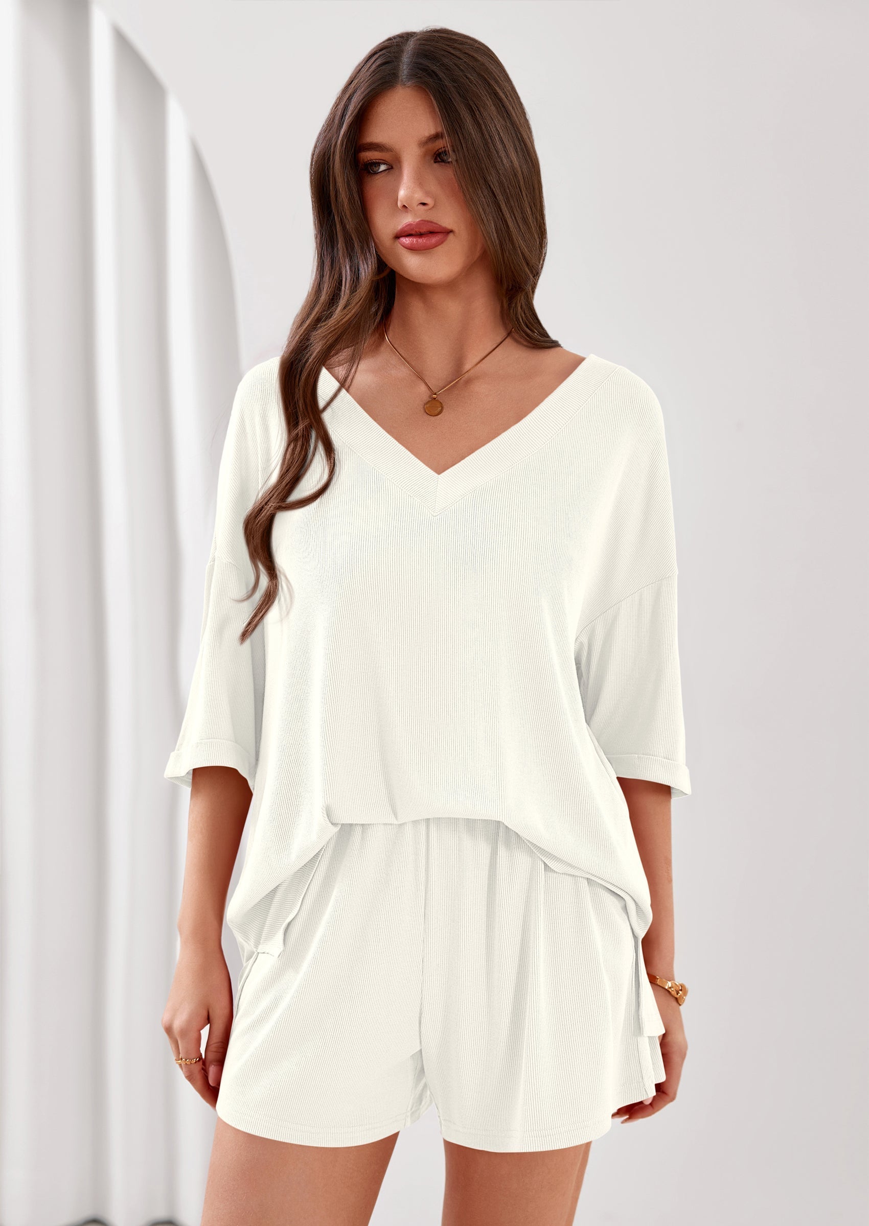 PRETTYGARDEN Womens 2 Piece Sets Oversized Vneck Half Sleeve Tops Shorts Lounge Set Casual Summer Travel Beach Outfits