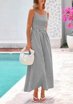 PRETTYGARDEN Women's Summer Spaghetti Strap Maxi Dresses Plaid Square Neck A Line Casual Beach Vacation Long Sundress
