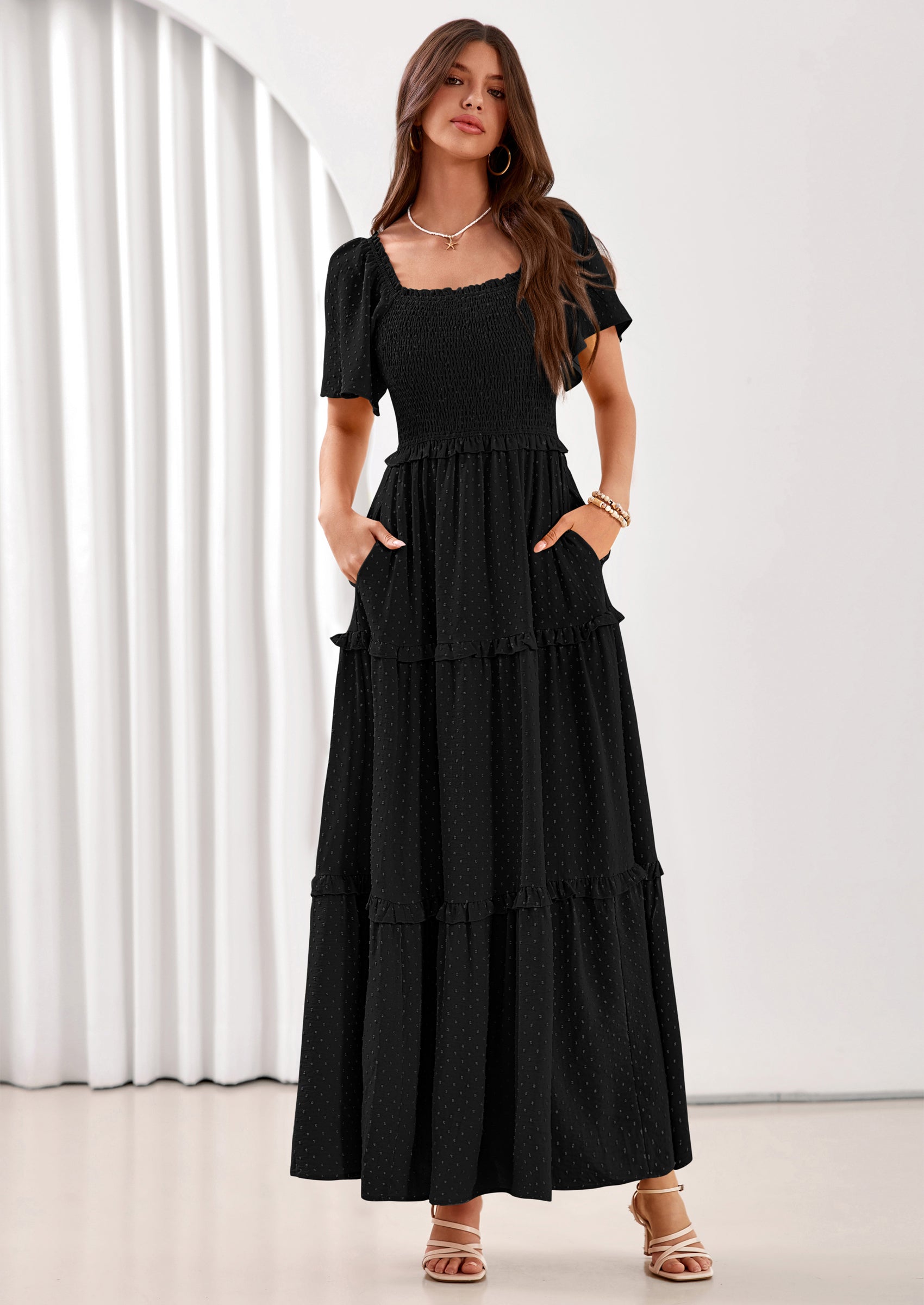 PRETTYGARDEN Summer Dresses for Women Boho Swiss Dot Smocked Square Neck Short Sleeve Spring Wedding Guest Maxi Dress
