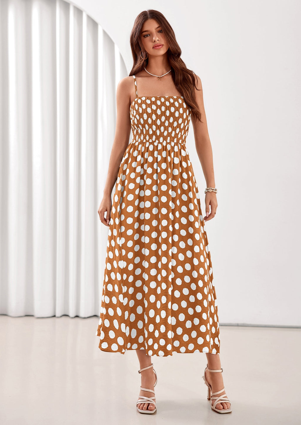 PRETTYGARDEN Womens Summer Dresses Spring Sleeveless Spaghetti Straps Casual Midi Dress Polka Dot Smocked Beach Sundress