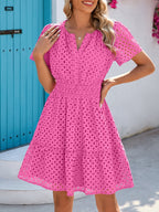 PRETTYGARDEN Women Summer Short Dress V Neck Short Sleeve A Line Hollow Out Lace Ruffle Cute Casual Beach Party Dresses