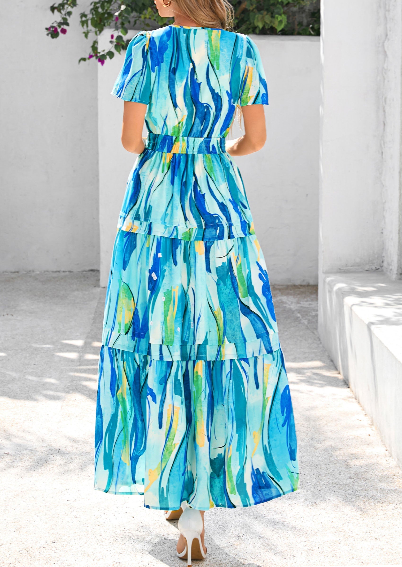 PRETTYGARDEN Women's Boho Maxi Dresses Floral Short Sleeve V Neck A Line Tiered Flowy Long Beach Vacation Dress