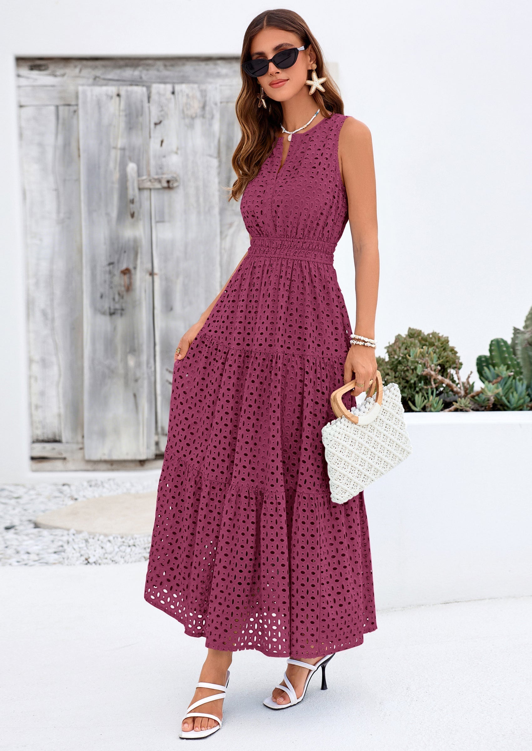 PRETTYGARDEN Summer Dresses for Women Sundresses Sleeveless V Neck Eyelet A Line Flowy Beach Vacation Spring Maxi Dress