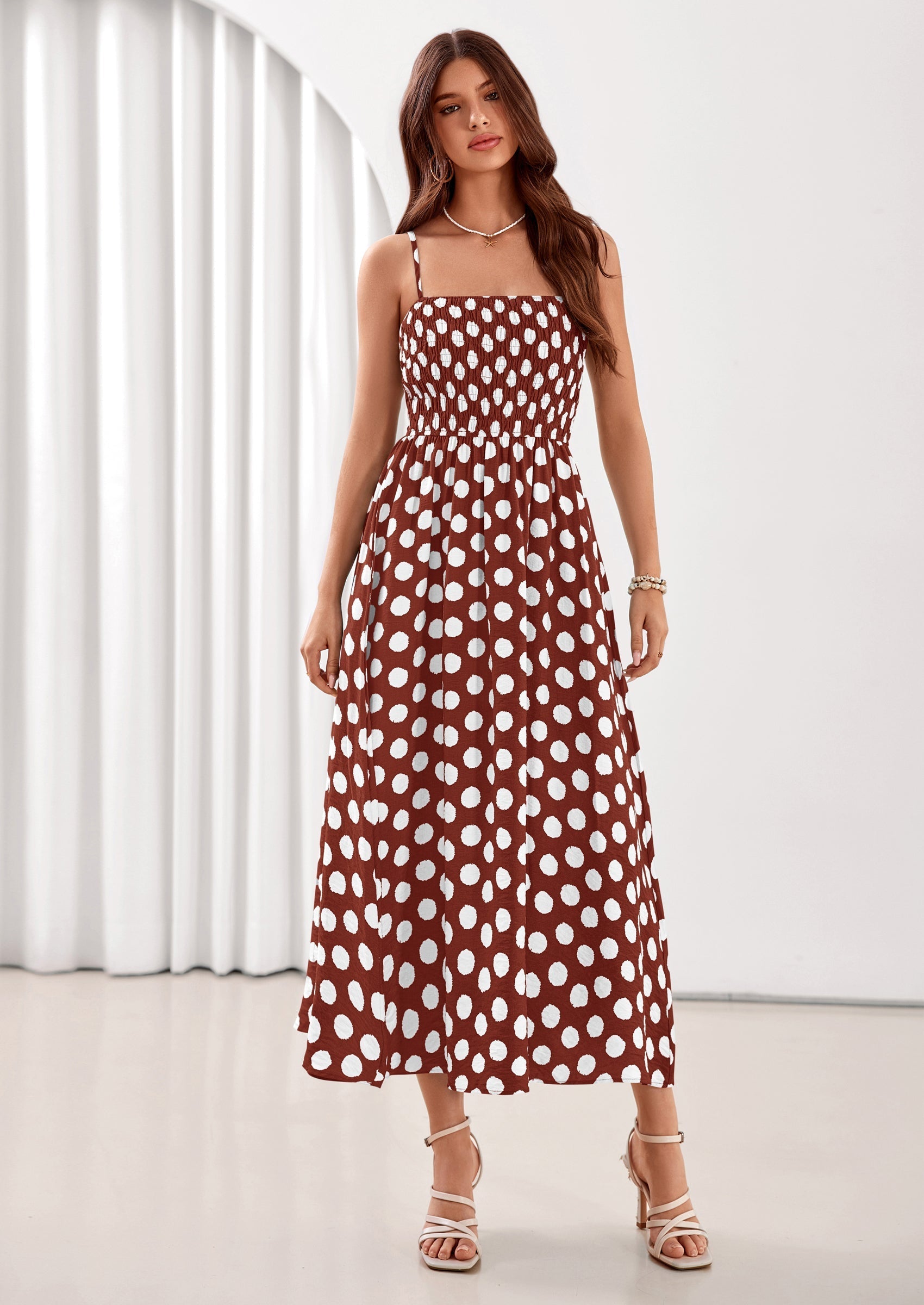 PRETTYGARDEN Womens Summer Dresses Spring Sleeveless Spaghetti Straps Casual Midi Dress Polka Dot Smocked Beach Sundress