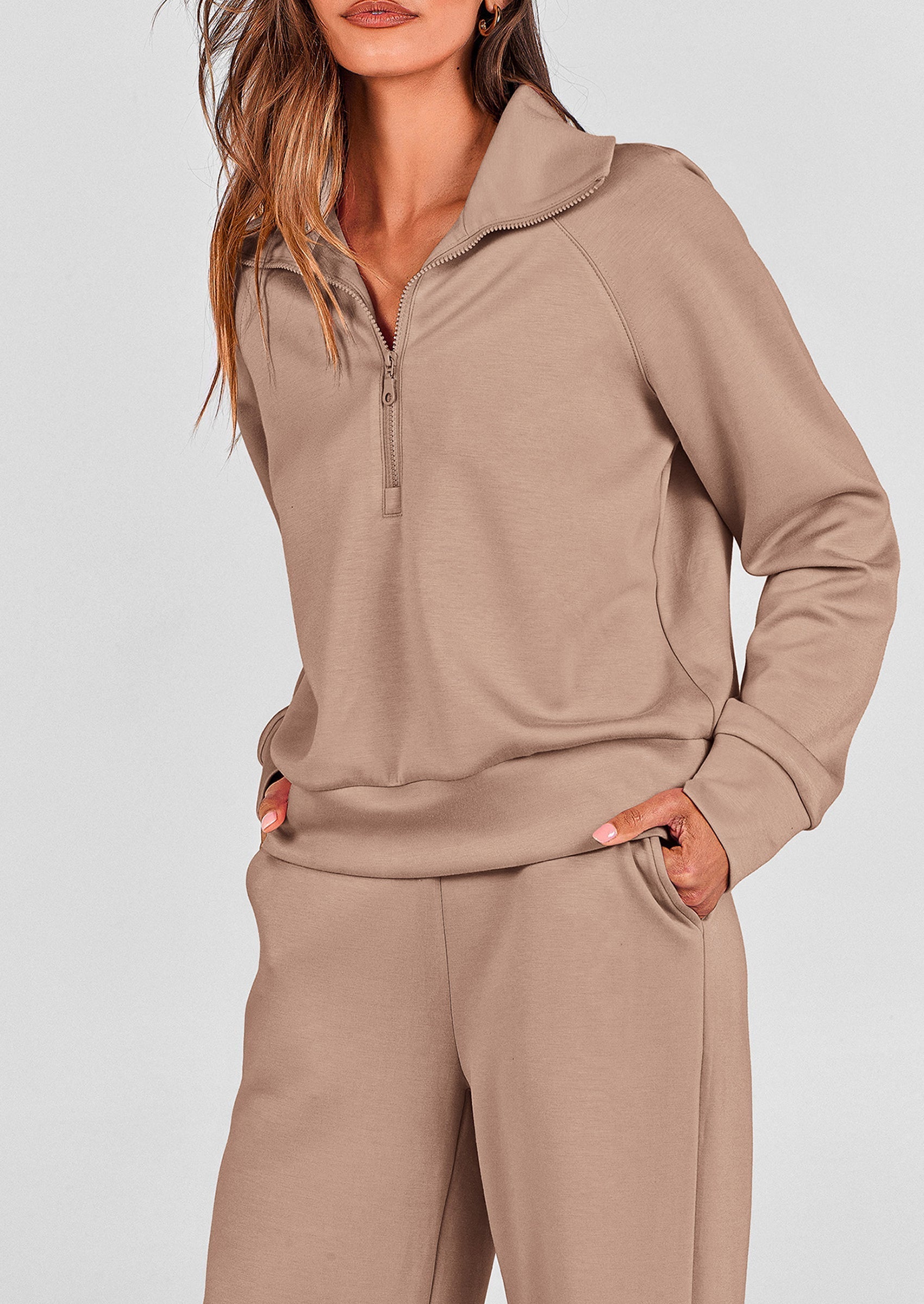 PRETTYGARDEN Women's 2 Piece Outfits Casual Lapel Half Zip Sweatshirts And Wide Leg Pants Tracksuit Sets