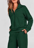 PRETTYGARDEN Women's 2 Piece Outfits Casual Lapel Half Zip Sweatshirts And Wide Leg Pants Tracksuit Sets