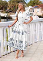 PRETTYGARDEN Boho Dresses for Women Summer Spring Casual Floral Short Sleeve V Neck Maxi Elastic Waist Dress Pockets