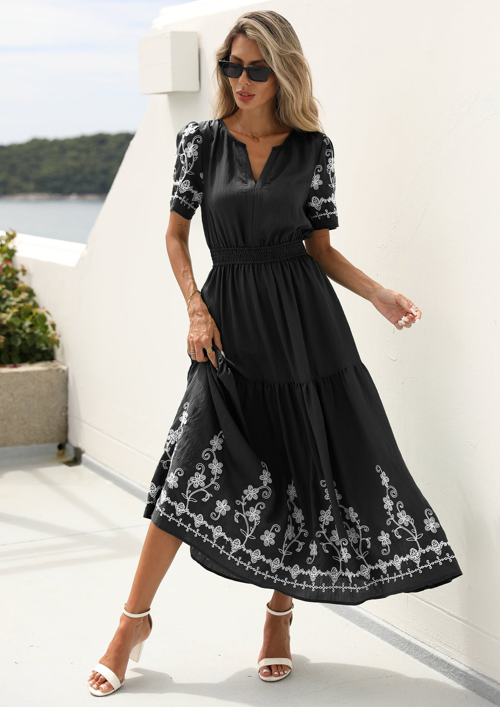 PRETTYGARDEN Women's Summer Boho Maxi Dress Spring Floral Short Sleeve V Neck A Line Flowy Beach Wedding Guest Dresses