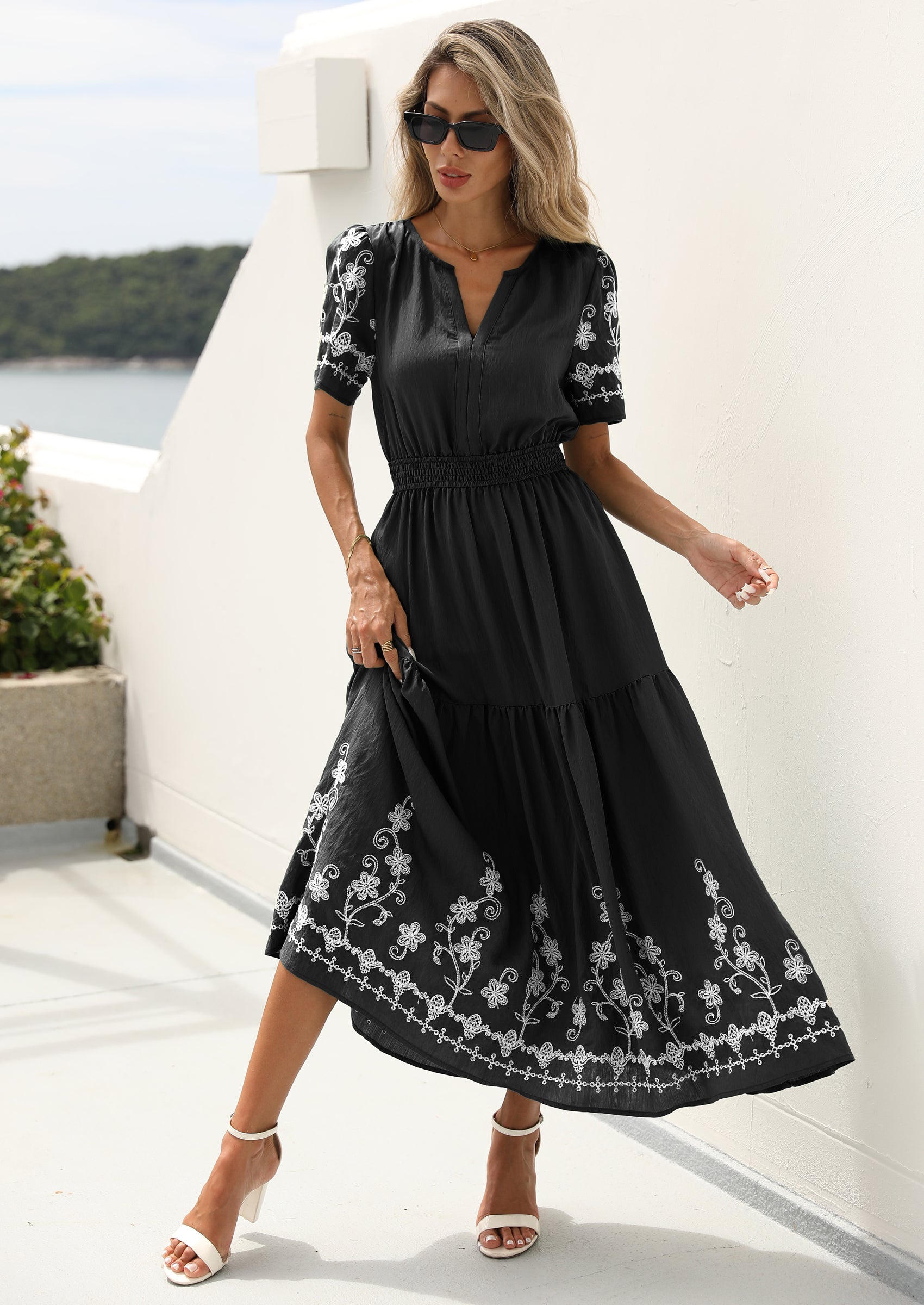 PRETTYGARDEN Women's Summer Boho Maxi Dress Spring Floral Short Sleeve V Neck A Line Flowy Beach Wedding Guest Dresses