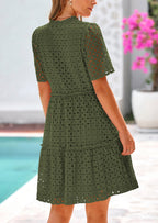 PRETTYGARDEN Women's Short Sleeve Mini Dress Summer V Neck Hollow Out Eyelet Ruffle A Line Swing Short Dresses