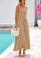 PRETTYGARDEN Women's Summer Spaghetti Strap Maxi Dresses Plaid Square Neck A Line Casual Beach Vacation Long Sundress