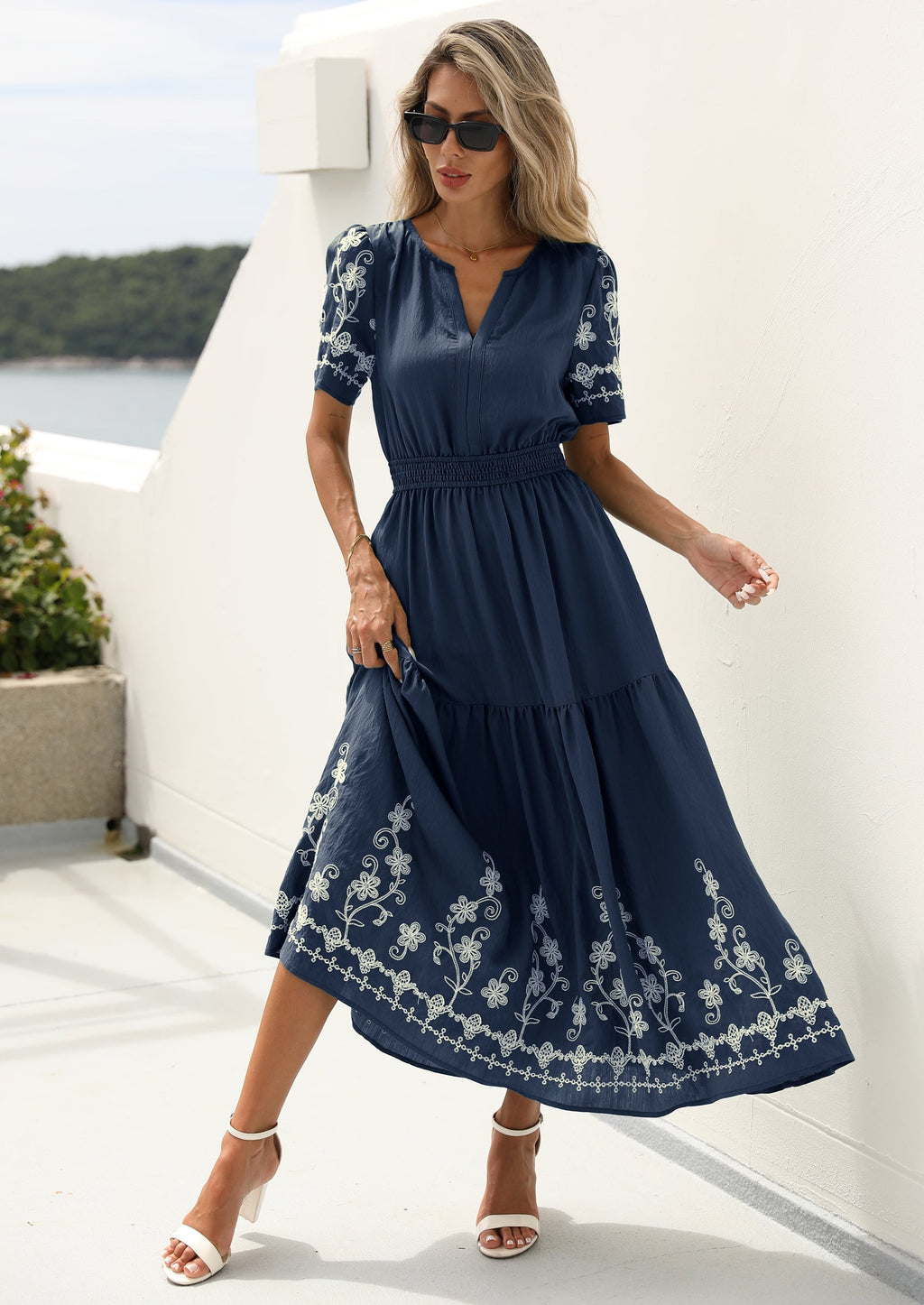 PRETTYGARDEN Women's Summer Boho Maxi Dress Spring Floral Short Sleeve V Neck A Line Flowy Beach Wedding Guest Dresses