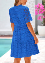 PRETTYGARDEN Women's Short Sleeve Mini Dress Summer V Neck Hollow Out Eyelet Ruffle A Line Swing Short Dresses
