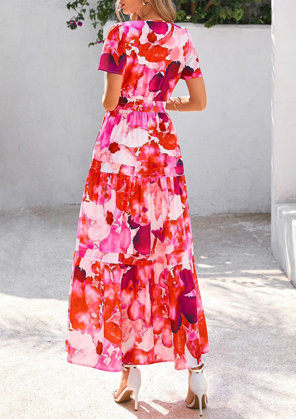 PRETTYGARDEN Women's Boho Maxi Dresses Floral Short Sleeve V Neck A Line Tiered Flowy Long Beach Vacation Dress