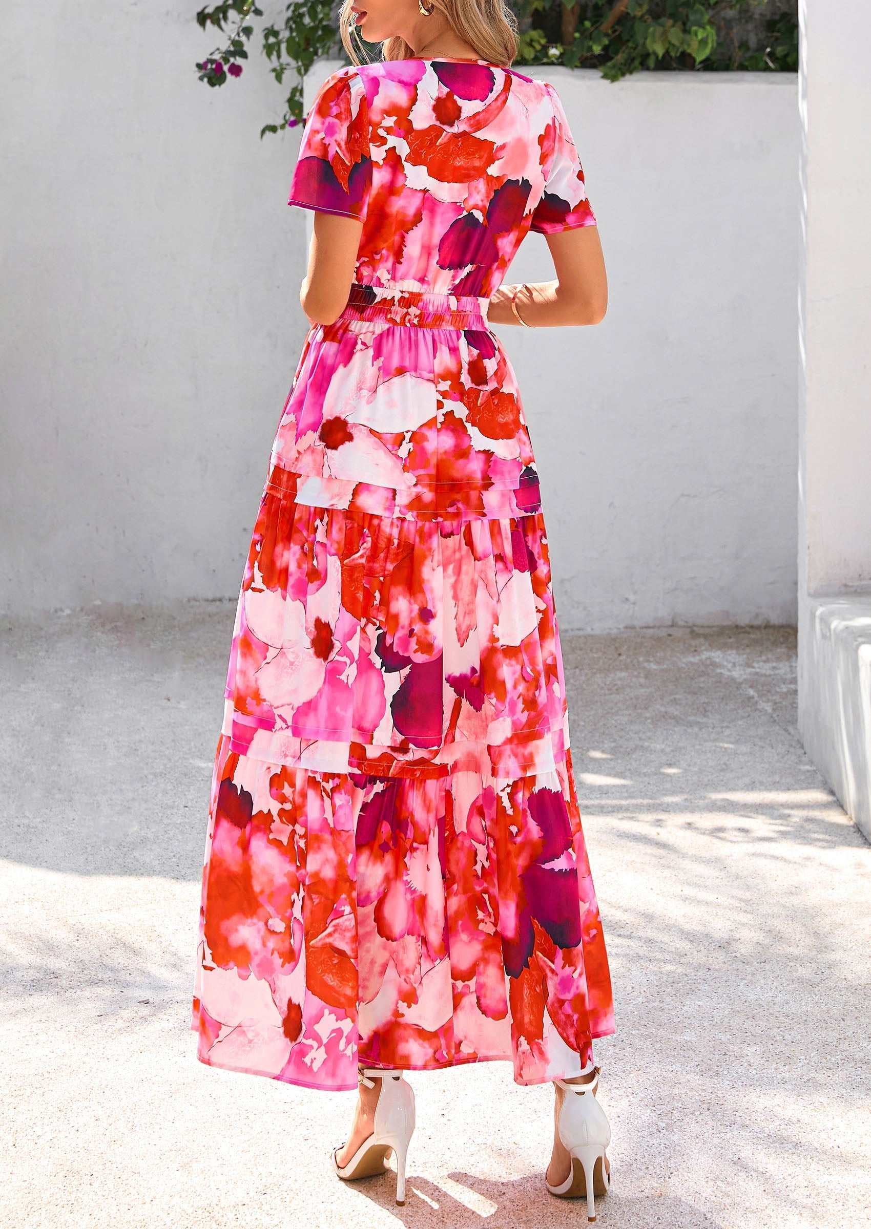 PRETTYGARDEN Women's Boho Maxi Dresses Floral Short Sleeve V Neck A Line Tiered Flowy Long Beach Vacation Dress