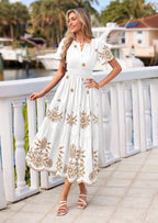 PRETTYGARDEN Boho Dresses for Women Summer Spring Casual Floral Short Sleeve V Neck Maxi Elastic Waist Dress Pockets