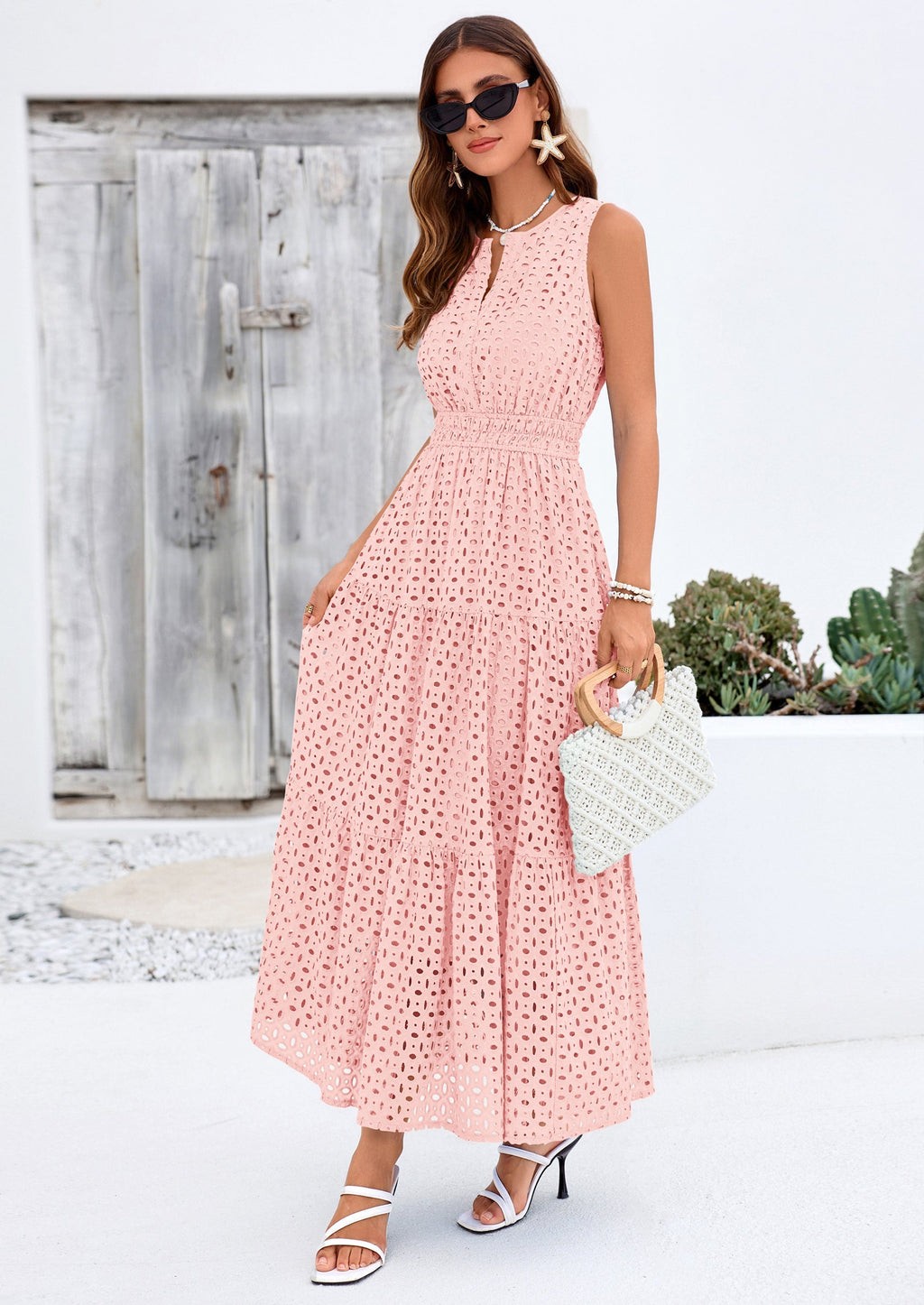 PRETTYGARDEN Summer Dresses for Women Sundresses Sleeveless V Neck Eyelet A Line Flowy Beach Vacation Spring Maxi Dress