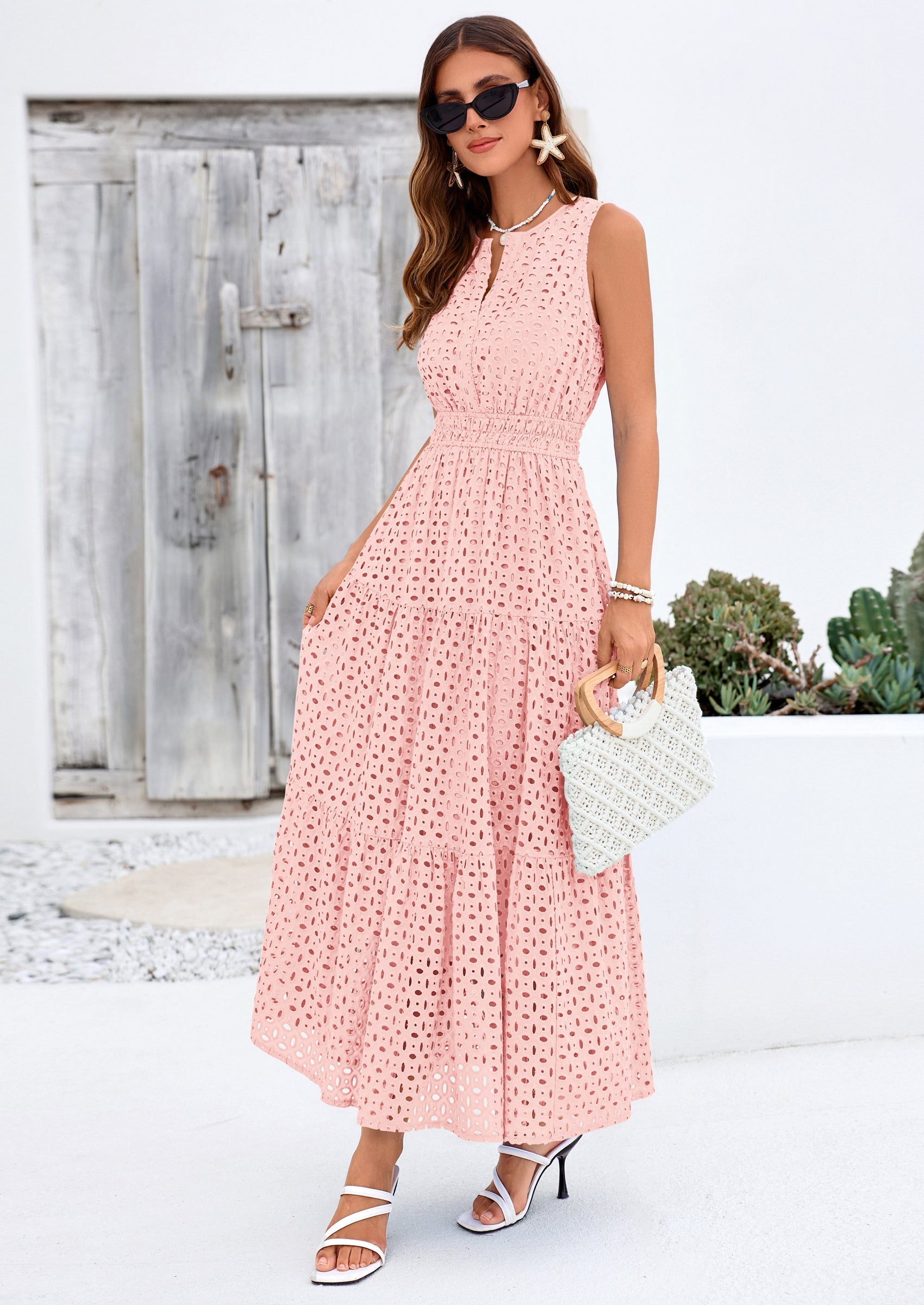 PRETTYGARDEN Summer Dresses for Women Sundresses Sleeveless V Neck Eyelet A Line Flowy Beach Vacation Spring Maxi Dress