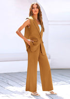 PRETTYGARDEN Women's 2 Piece Outfits Sleeveless Suit Vest and Wide Leg Pants Business Casual Blazer Sets
