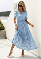PRETTYGARDEN Women's Summer Boho Maxi Dress Spring Floral Short Sleeve V Neck A Line Flowy Beach Wedding Guest Dresses