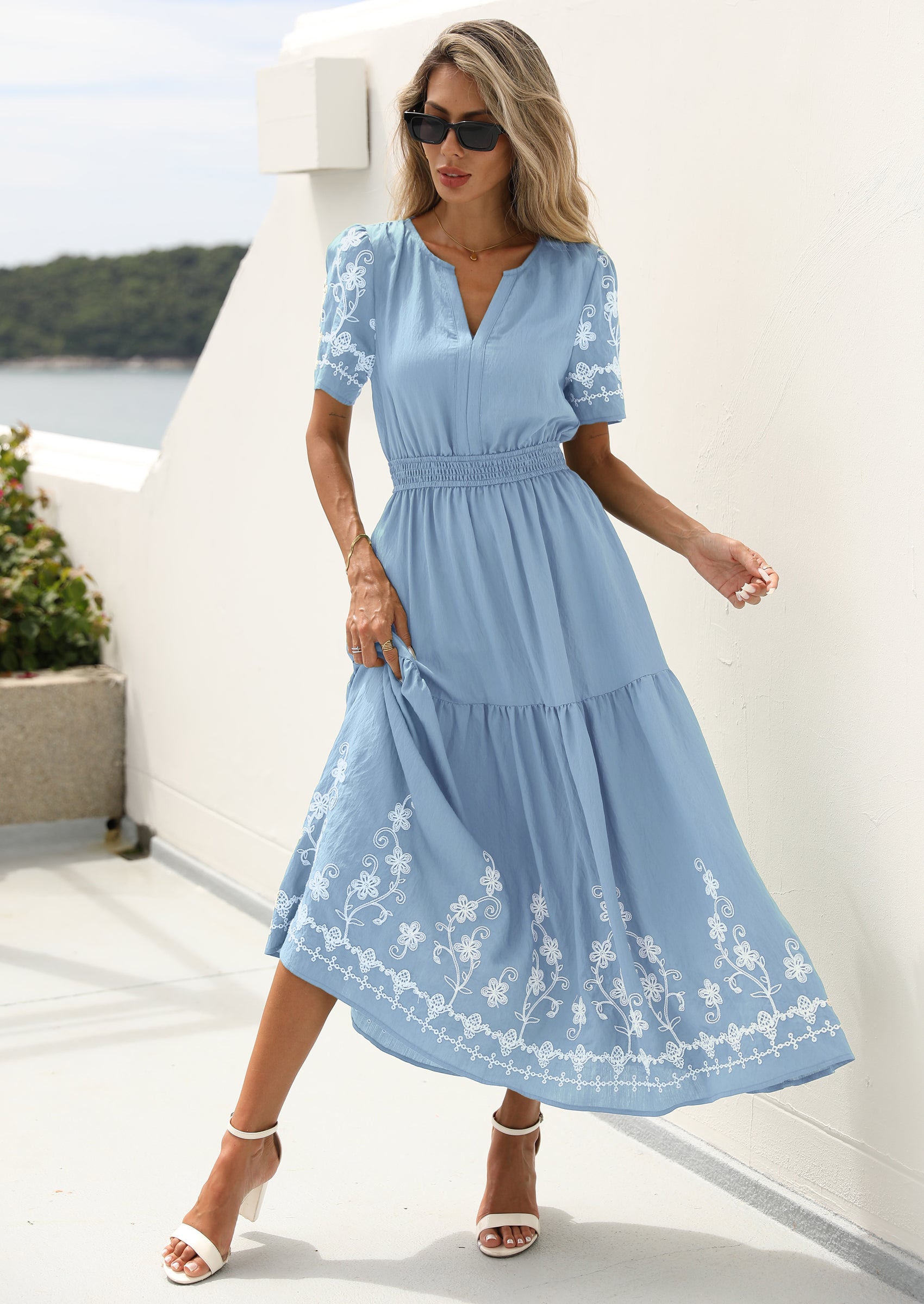 PRETTYGARDEN Women's Summer Boho Maxi Dress Spring Floral Short Sleeve V Neck A Line Flowy Beach Wedding Guest Dresses
