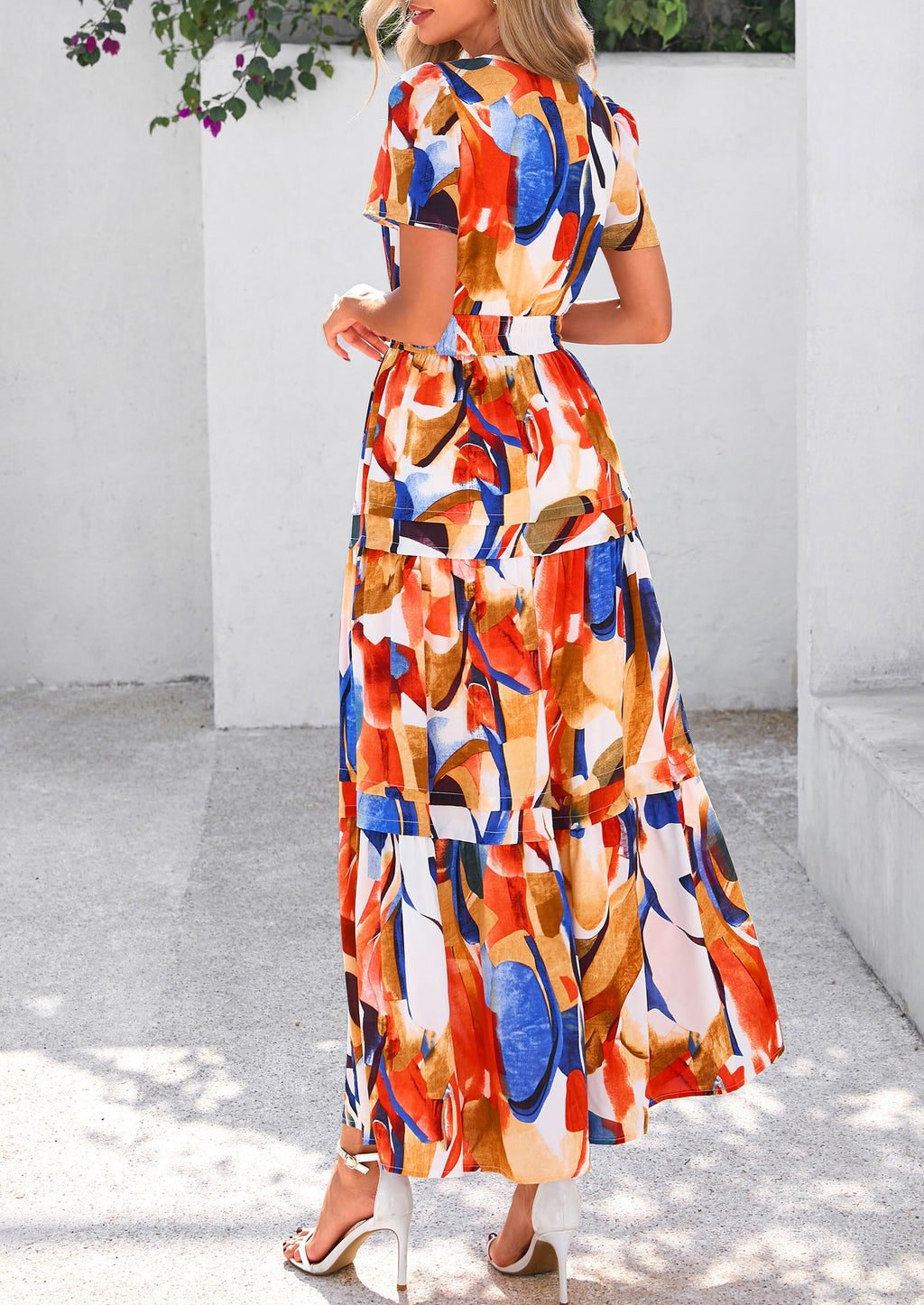 PRETTYGARDEN Women's Boho Maxi Dresses Floral Short Sleeve V Neck A Line Tiered Flowy Long Beach Vacation Dress