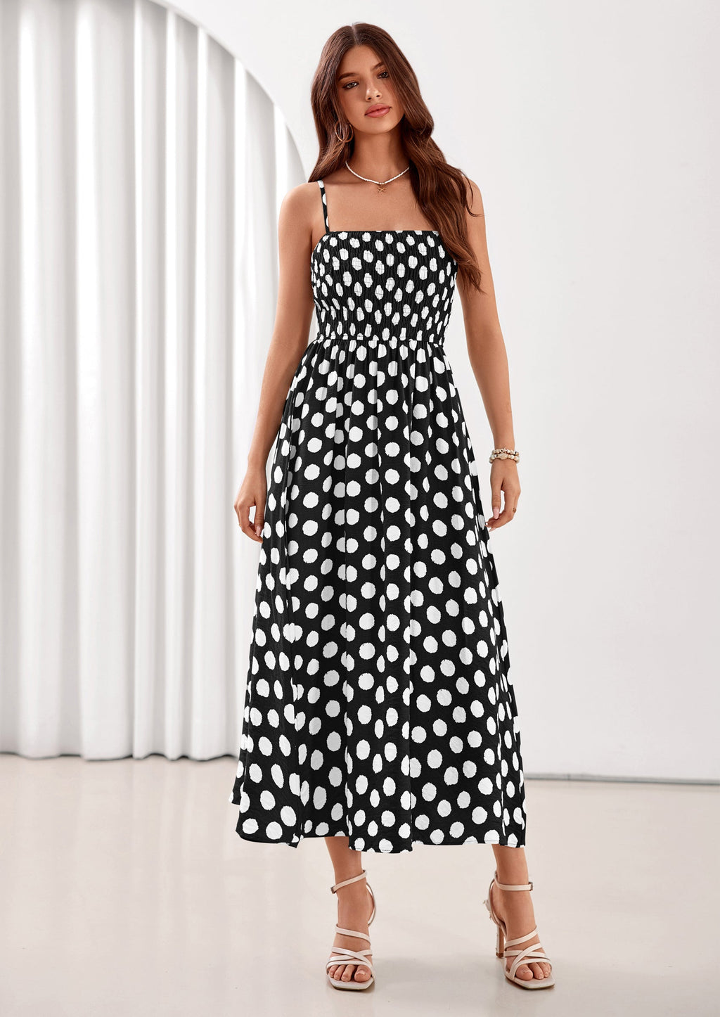 PRETTYGARDEN Womens Summer Dresses Spring Sleeveless Spaghetti Straps Casual Midi Dress Polka Dot Smocked Beach Sundress