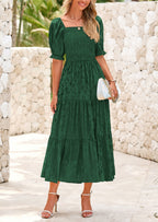 PRETTYGARDEN Women's Casual Midi Dresses Square Neck Short Sleeve Smocked A Line Floral Flowy Elegant Boho Dress