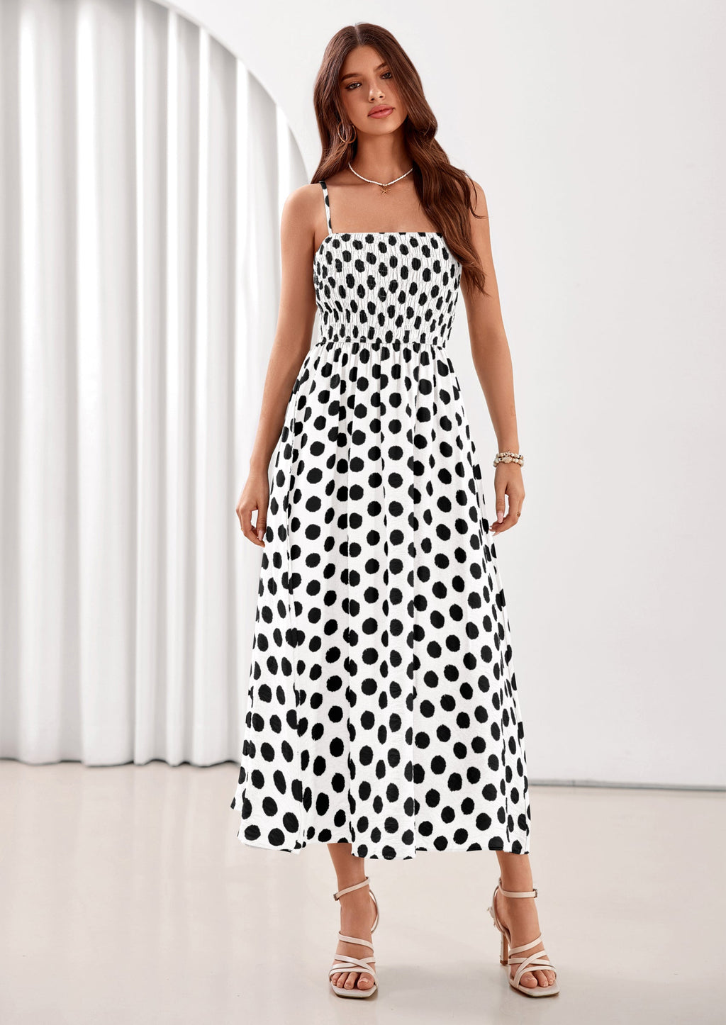 PRETTYGARDEN Womens Summer Dresses Spring Sleeveless Spaghetti Straps Casual Midi Dress Polka Dot Smocked Beach Sundress