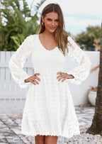 BTFBM Spring Dresses for Women 2026 Long Sleeve Casual V Neck Swiss Dot Smocked Ruffle Chiffon Flowy Mini Summer Dress