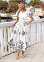 PRETTYGARDEN Boho Dresses for Women Summer Spring Casual Floral Short Sleeve V Neck Maxi Elastic Waist Dress Pockets