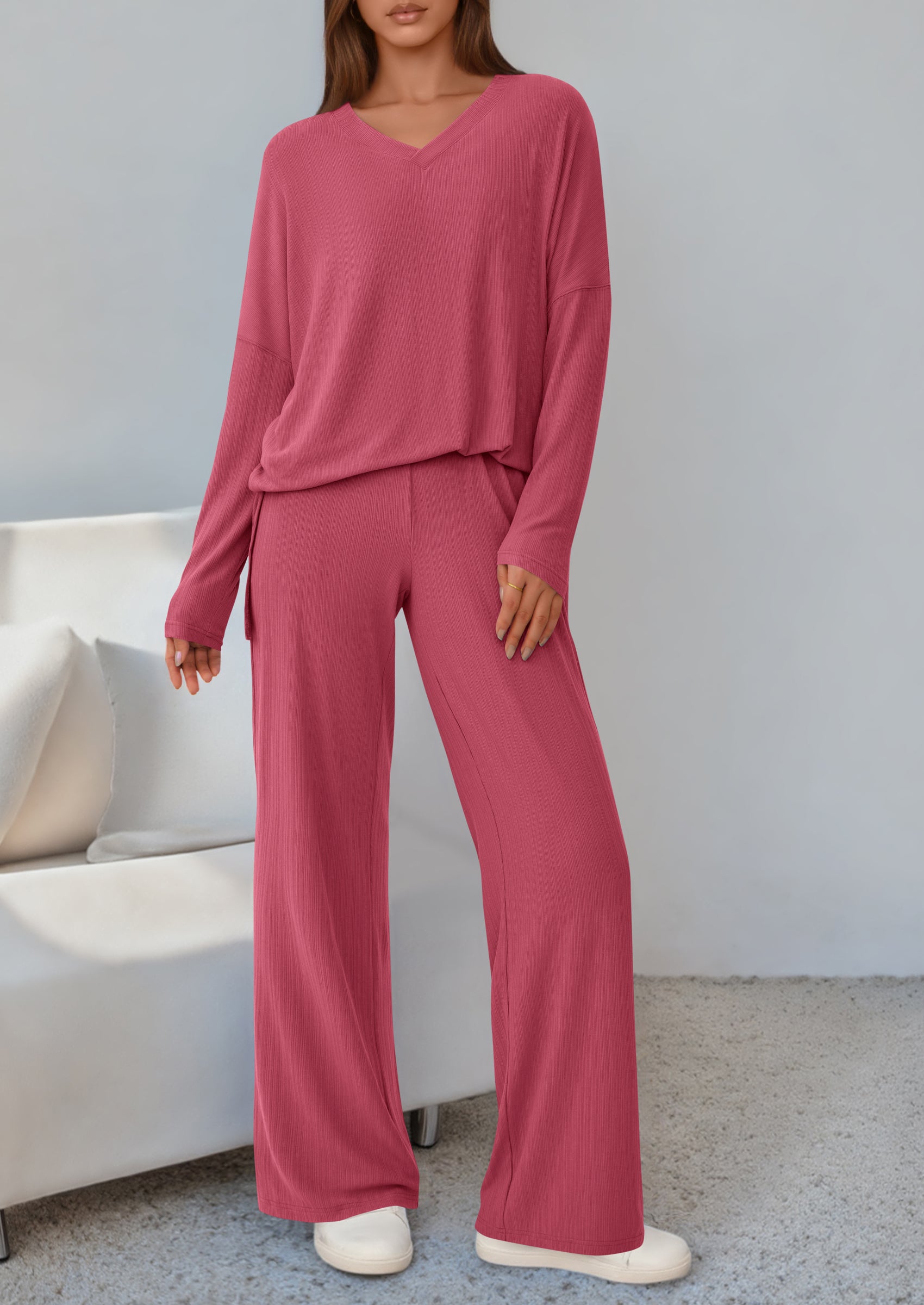 PRETTYGARDEN 2 Piece Lounge Sets for Women Fall Outfits Casual Loose Long Sleeve Tops Wide Leg Pants Matching Pajama Set