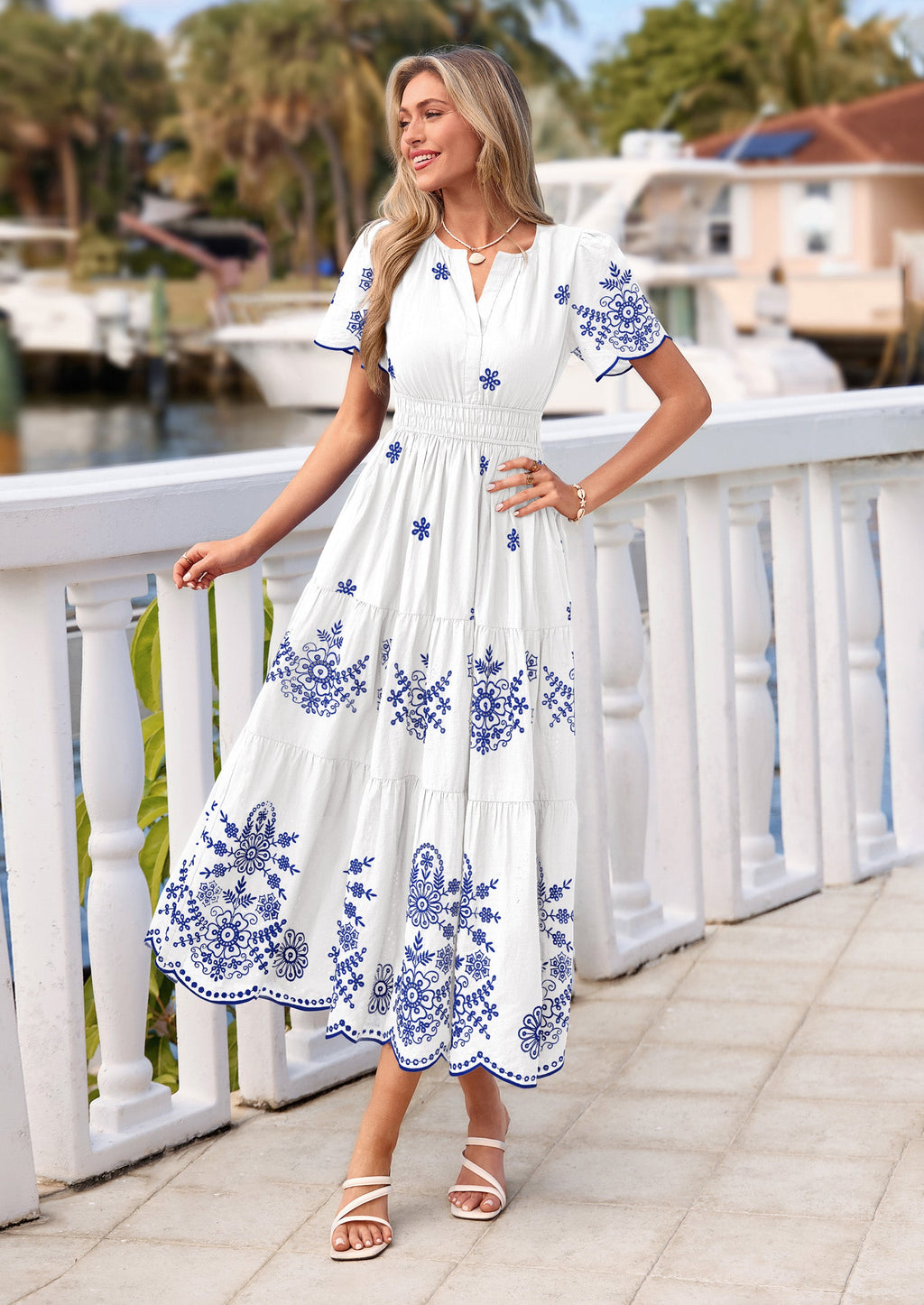 PRETTYGARDEN Boho Dresses for Women Summer Spring Casual Floral Short Sleeve V Neck Maxi Elastic Waist Dress Pockets