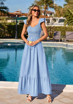 PRETTYGARDEN Women's Summer Casual Maxi Dresses Cap Sleeve V Neck Smocked Long Pockets Party Sundress Vacation Outfits
