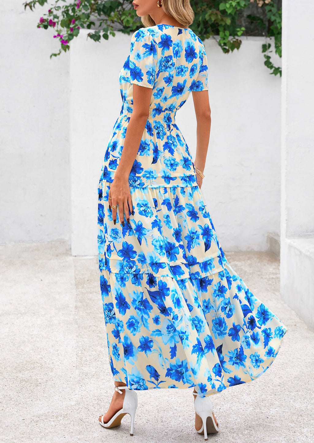 PRETTYGARDEN Women's Boho Maxi Dresses Floral Short Sleeve V Neck A Line Tiered Flowy Long Beach Vacation Dress
