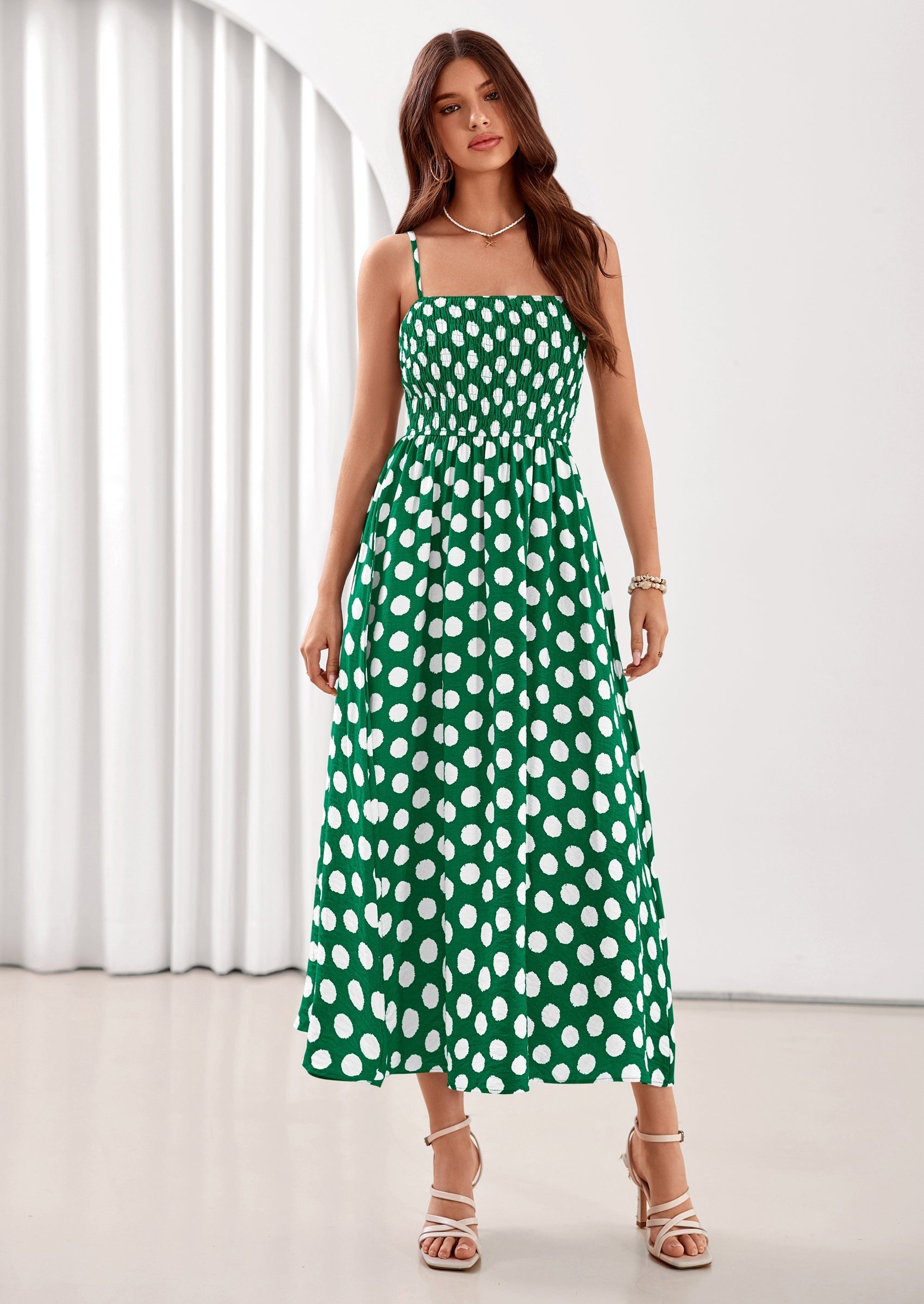 PRETTYGARDEN Womens Summer Dresses Spring Sleeveless Spaghetti Straps Casual Midi Dress Polka Dot Smocked Beach Sundress