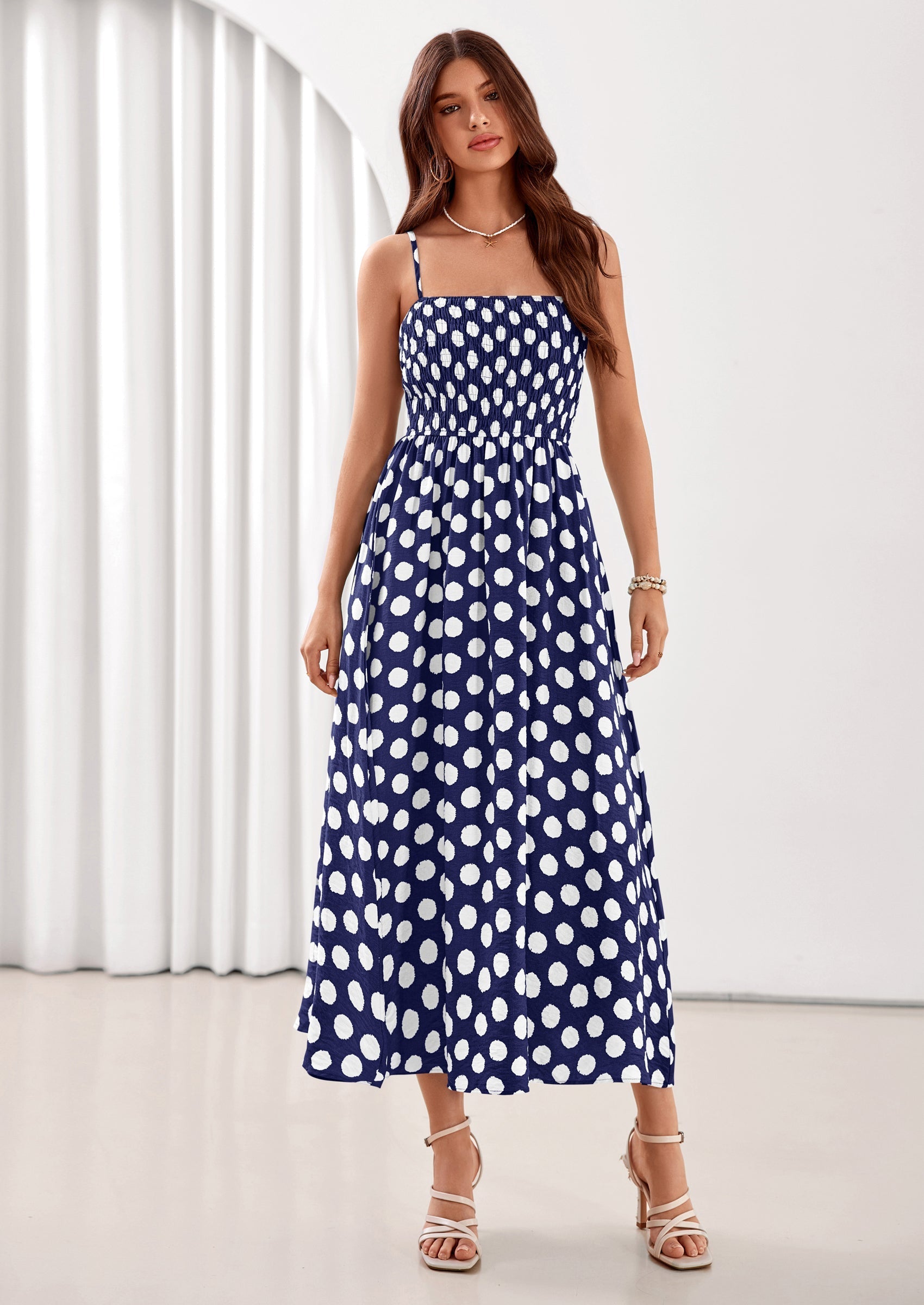 PRETTYGARDEN Womens Summer Dresses Spring Sleeveless Spaghetti Straps Casual Midi Dress Polka Dot Smocked Beach Sundress