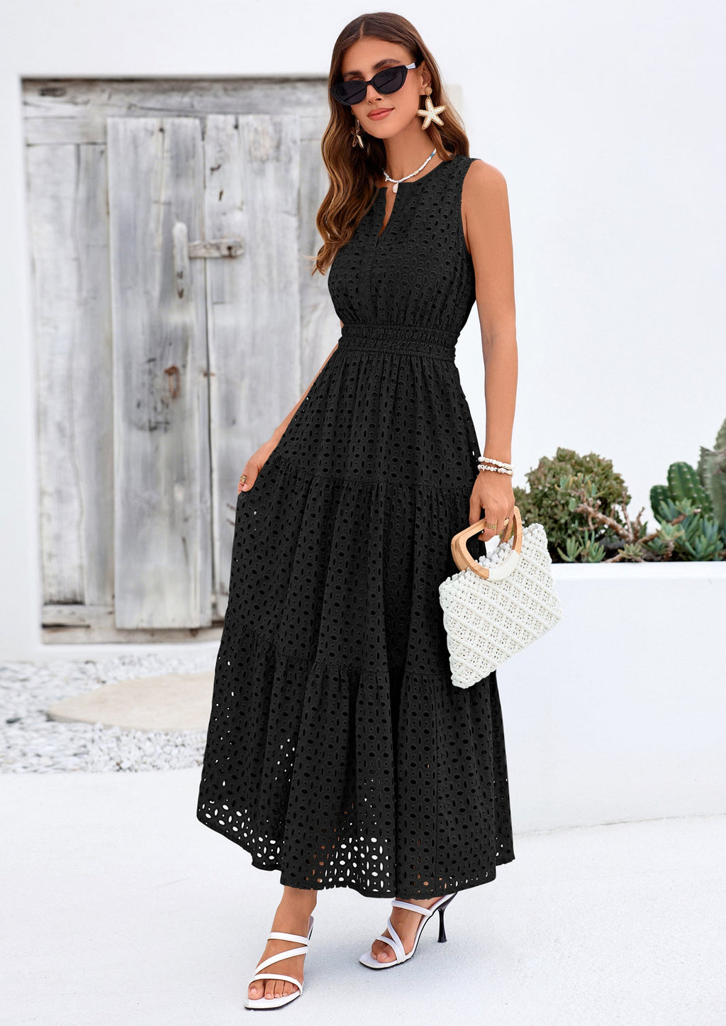 PRETTYGARDEN Summer Dresses for Women Sundresses Sleeveless V Neck Eyelet A Line Flowy Beach Vacation Spring Maxi Dress
