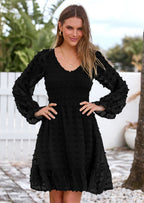 BTFBM Spring Dresses for Women 2026 Long Sleeve Casual V Neck Swiss Dot Smocked Ruffle Chiffon Flowy Mini Summer Dress