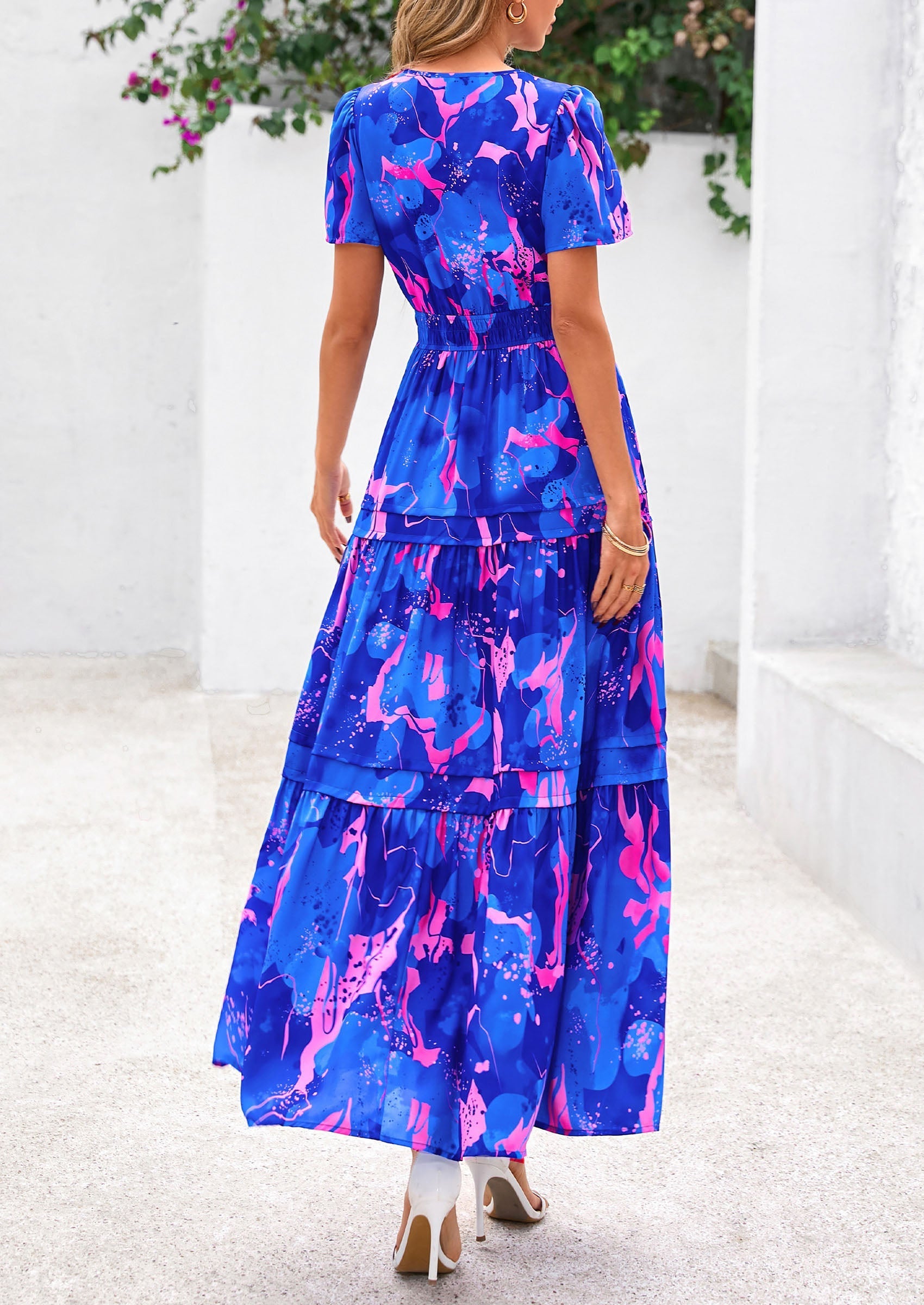 PRETTYGARDEN Women's Boho Maxi Dresses Floral Short Sleeve V Neck A Line Tiered Flowy Long Beach Vacation Dress