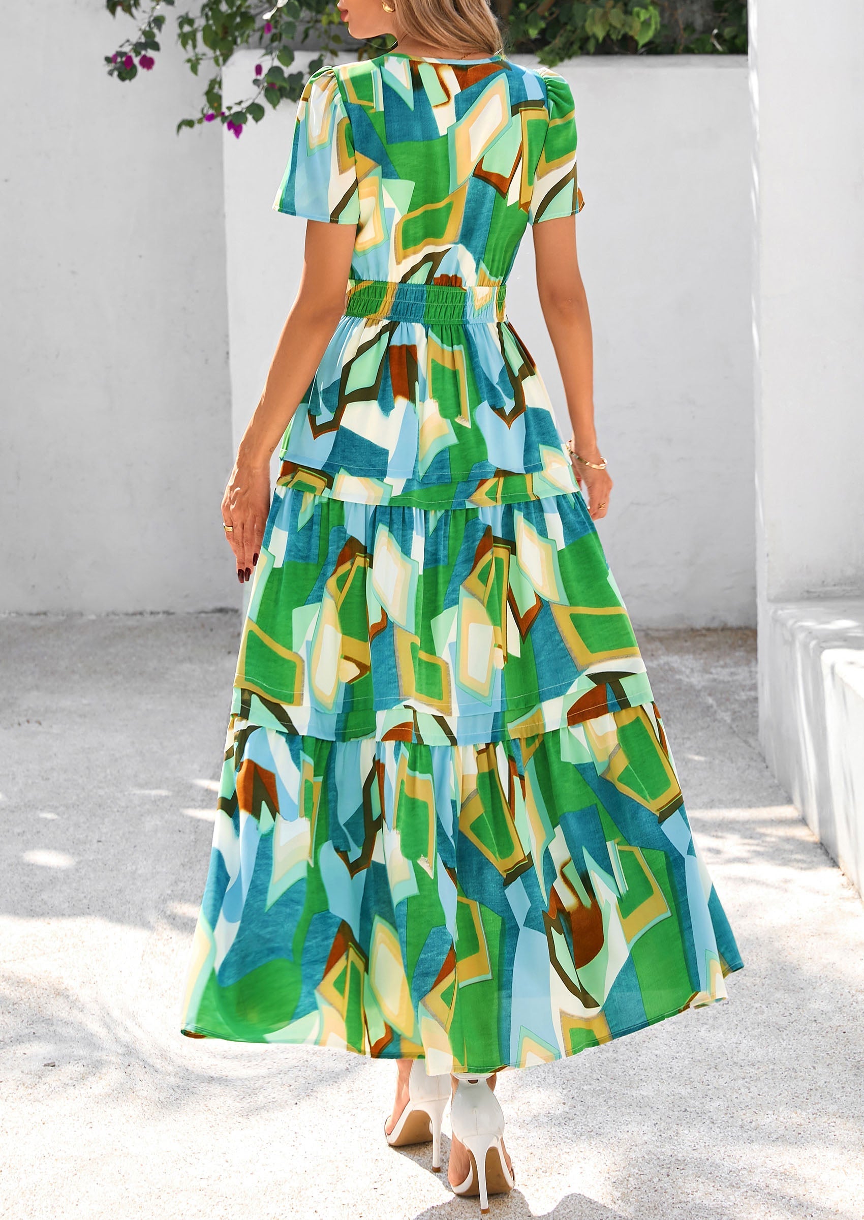 PRETTYGARDEN Women's Boho Maxi Dresses Floral Short Sleeve V Neck A Line Tiered Flowy Long Beach Vacation Dress